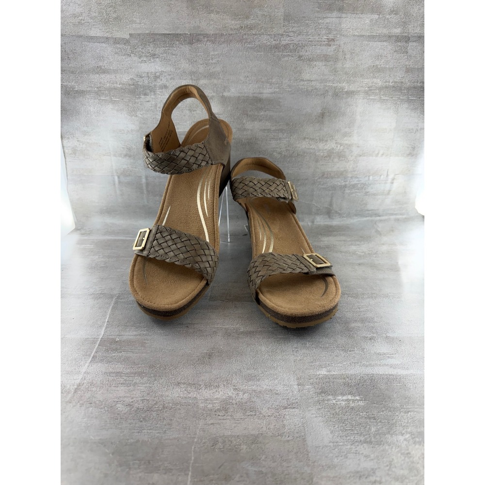 Aetrex EW164W Taupe Leather Braided Wedge Sandals Women Sz 10.5-11 Comfort